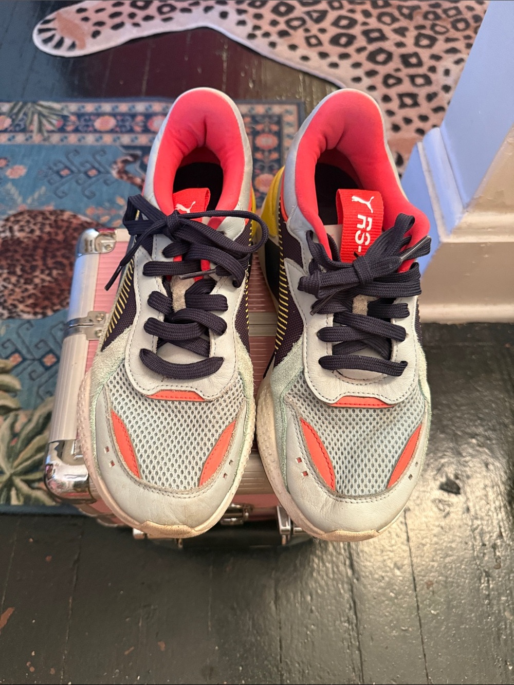 Puma Retro Running Sneakers in Light Gray, Coral & Navy